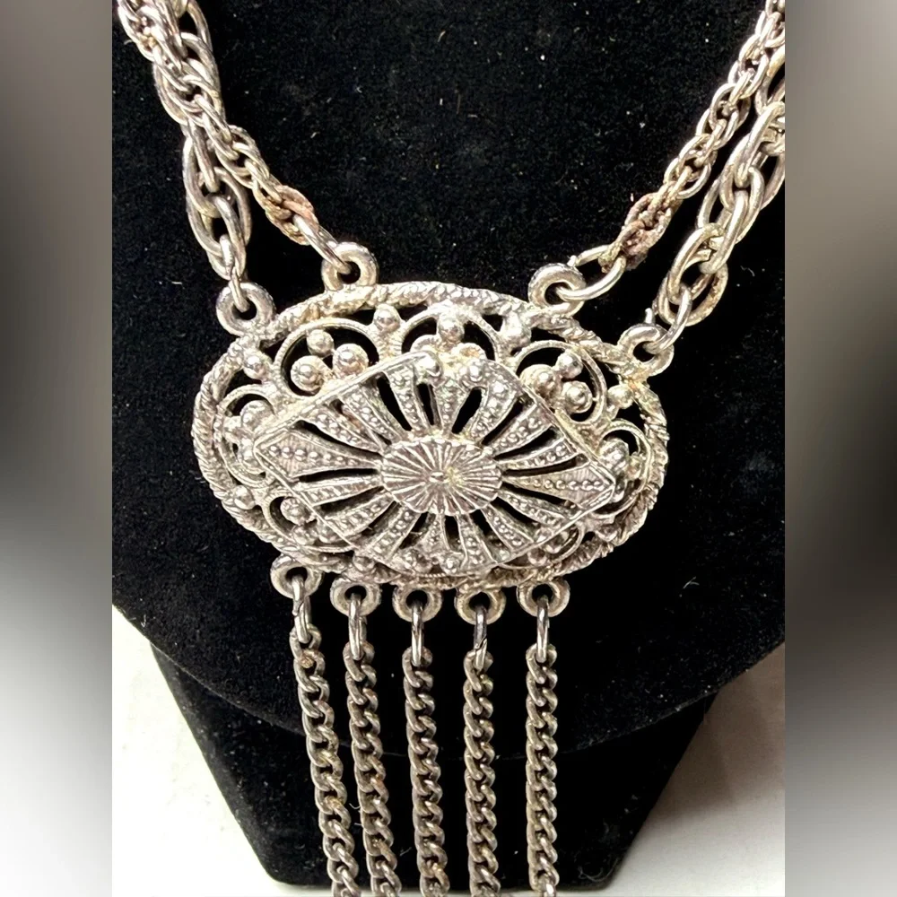 Vintage Tribal Ethnic Filigree Metalwork Fringe Tassel Necklace Silver Tone Boho